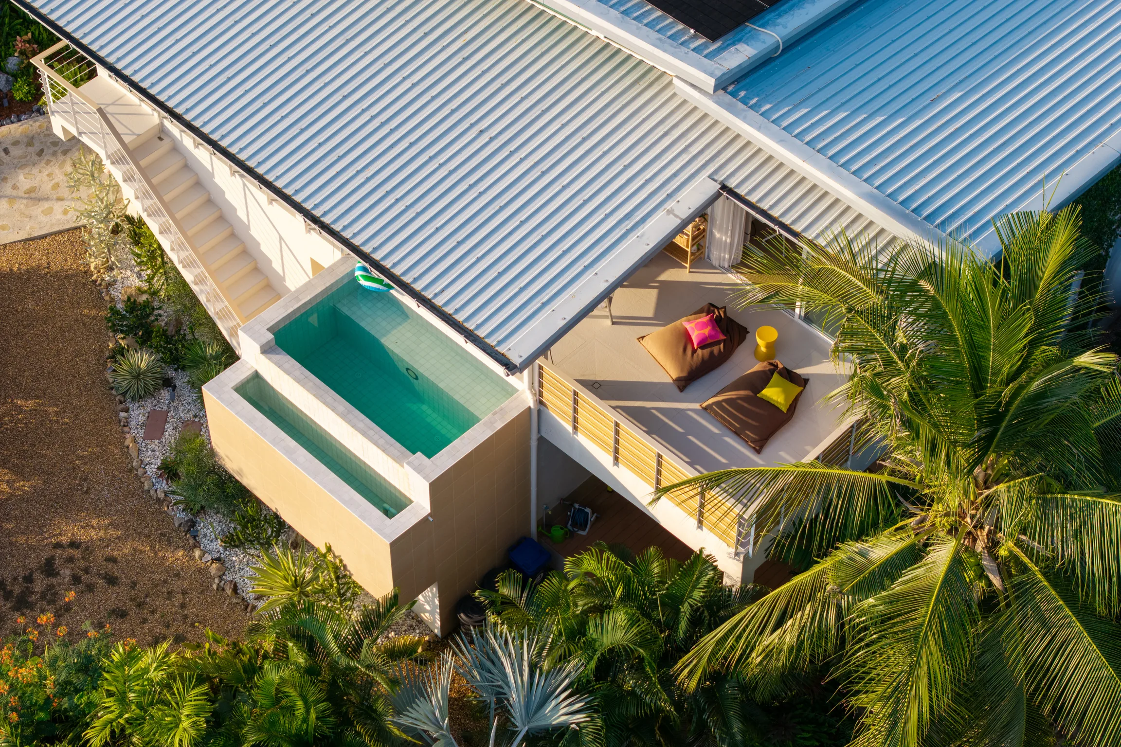 Aerial angle of the saltwater infinity plunge pool and sun deck