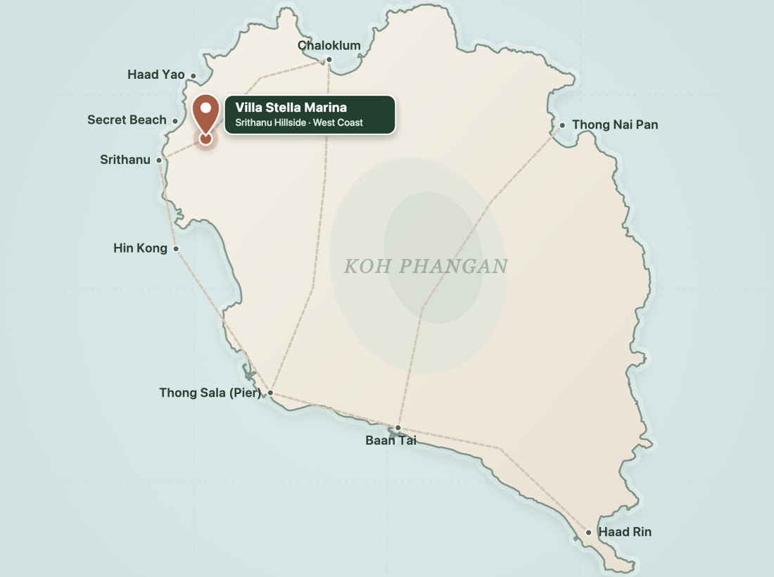 Map of Koh Phangan showing Villa Stella Marina on the Srithanu hillside